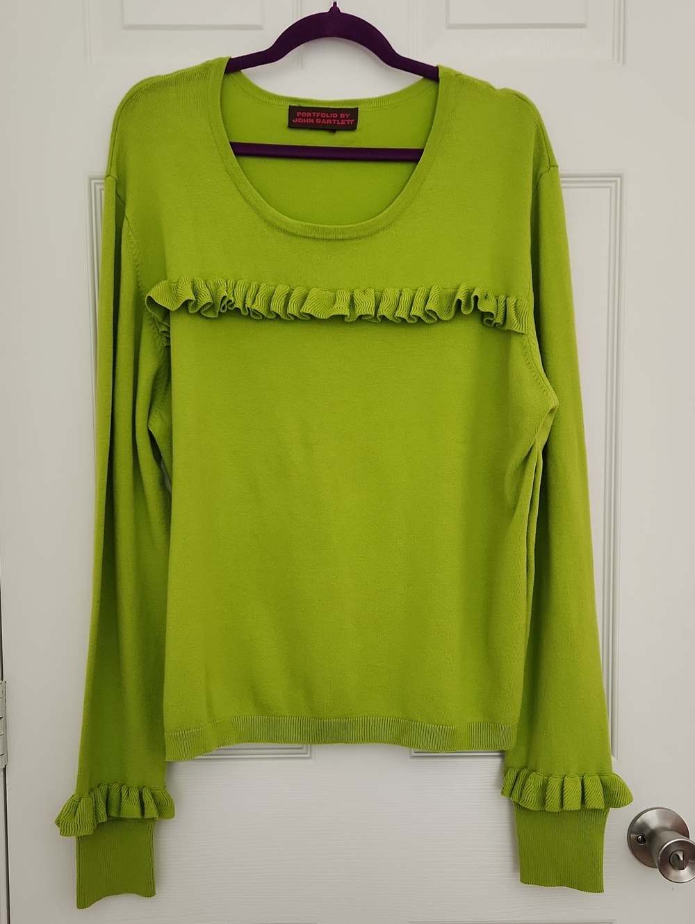 Cozy Y2K Fall Casual Lime Green Ruffle-Trim Scoop Neck Sweater